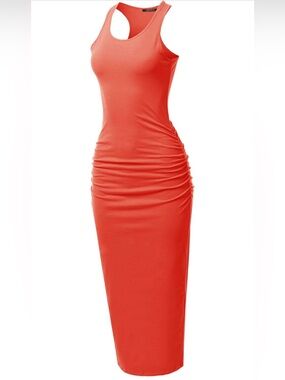 M - SSOULM Women's Shirring Racerback Maxi Dress - Slim Fit Bodycon - CORAL